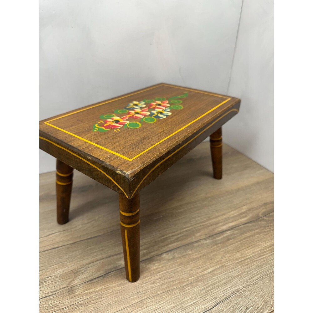Vintage Handpainted JS Ebersol Pennsylvania Dutch Folk Art Wooden Stool 12x7x7